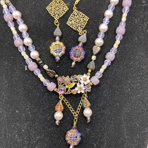 Elegant Antique Gold Pearl and Purple Czech Glass Floral Coquette Jewelry Set